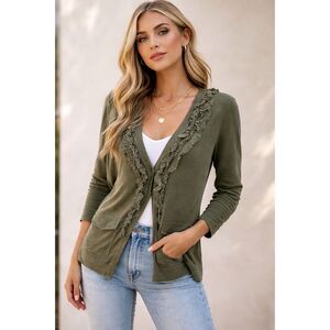Eddie Bauer Olive Green Cardigan Ruffled Button Front Medium Cotton V-Neck